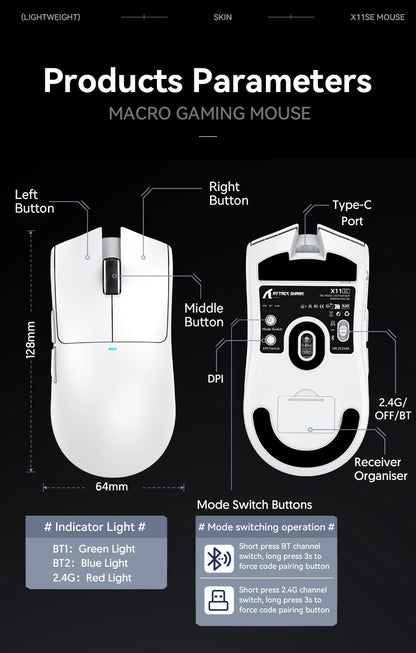 ATTACK SHARK X11SE Wireless Gaming Mouse Tri-Mode, 63g Superlight Gaming Mouse with PAW3311 Sensor, 22000 DPI, Bluetooth 5.2, 2.4G Wireless & Wired RGB Gaming Mouse