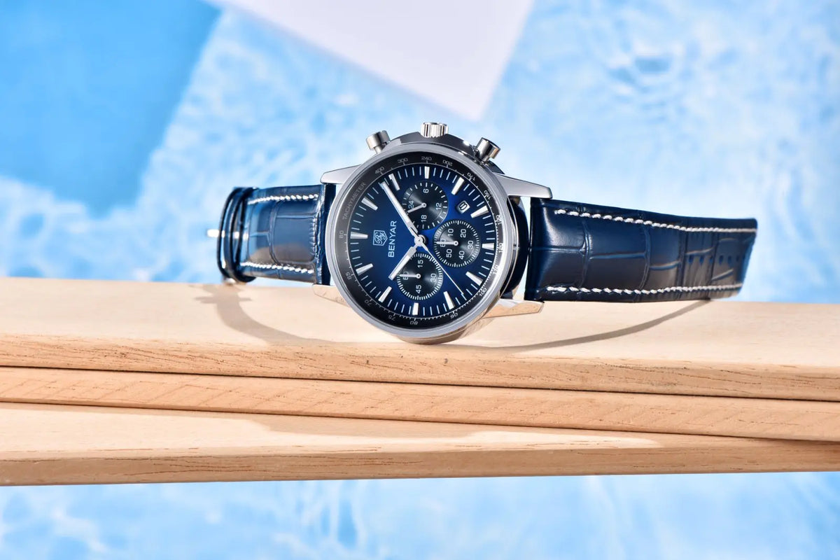 Benyar Luxus-Herrenuhr – Chronograph mit Datumsanzeige, Lederarmband, wasserdicht, leuchtend, sportlicher und militärischer Stil, Quarzuhr