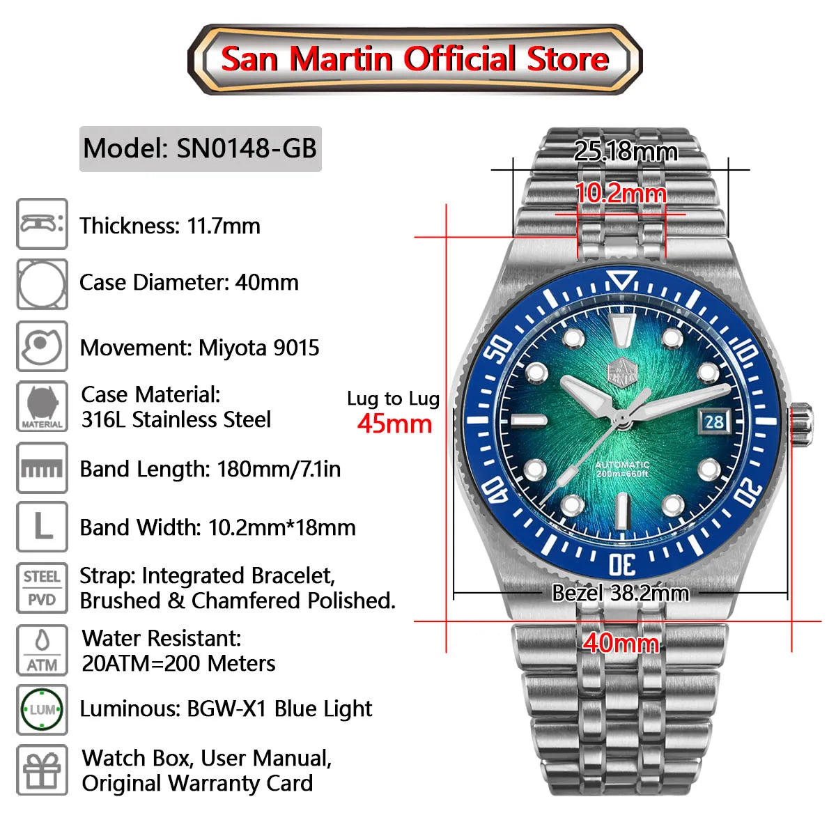 Relógio de mergulho de luxo para homem San Martin 40mm Miyota 9015, mostrador em esmalte sunburst, relógio de pulso mecânico automático, resistente à água 200m, SN0148