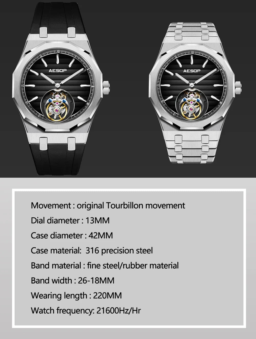 Raymondoya Men's Flying Tourbillon Movement Mechanical Automatic Luxury Watches Wristwatches Skeleton Watch Brand For Men Sapphire
