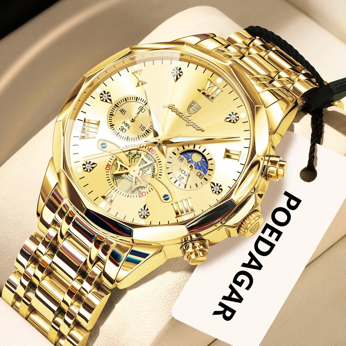 Originele luxe POEDAGAR herenhorloge, waterdicht, chronograaf met verlichting, roestvrijstalen quartz-polshorloge, hoogwaardige herenhorloges