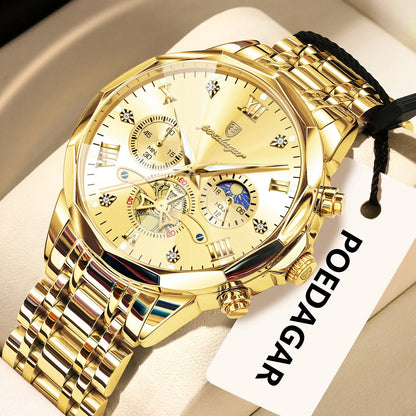 Originele luxe POEDAGAR herenhorloge, waterdicht, chronograaf met verlichting, roestvrijstalen quartz-polshorloge, hoogwaardige herenhorloges