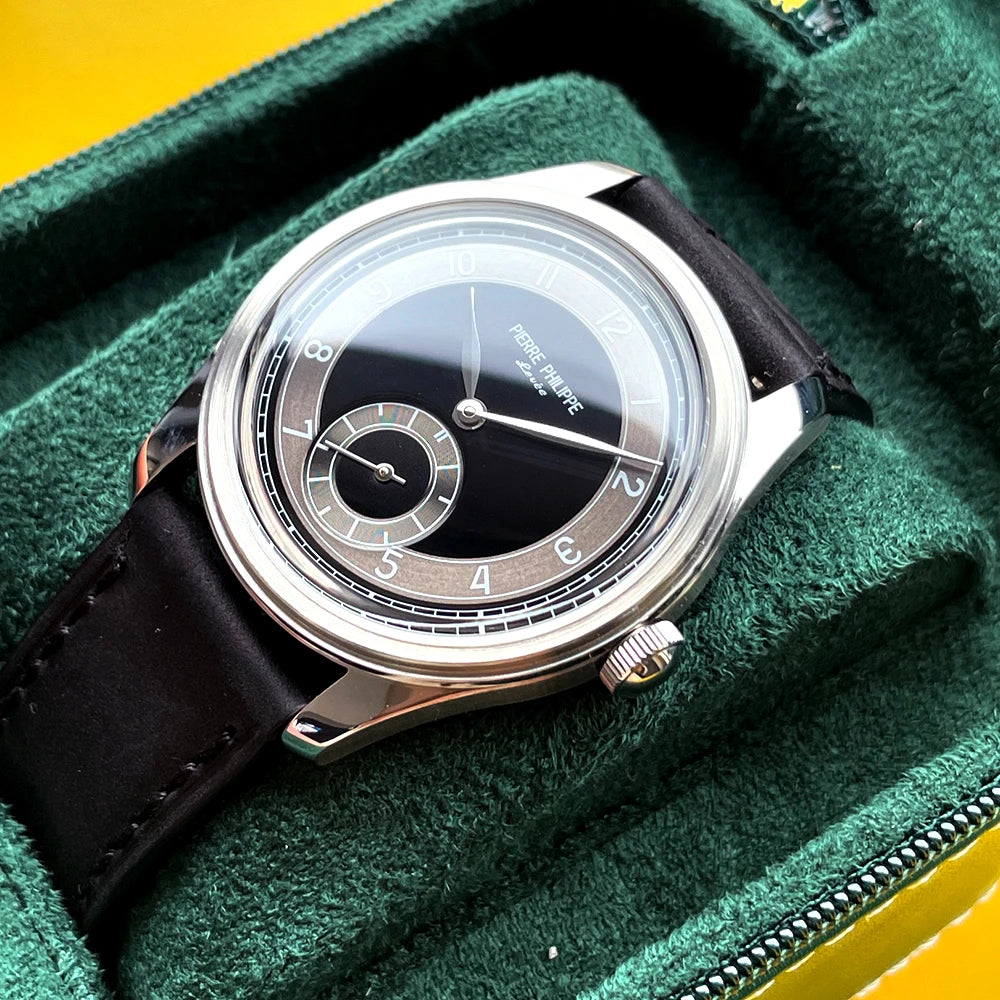 High-end Men's 38MM Watch Black Enamel Dial ST17 Manual Mechanical Watch Leather Waterproof