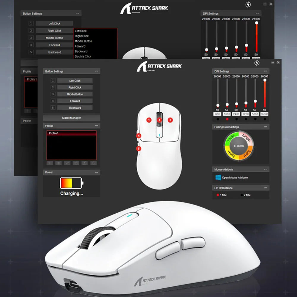 Bezdrátová herní myš X3 ATTACK SHARK v červené barvě, 4K návratnost, Bluetooth tri-mode připojení, PAW3395, makro Bluetooth herní myš