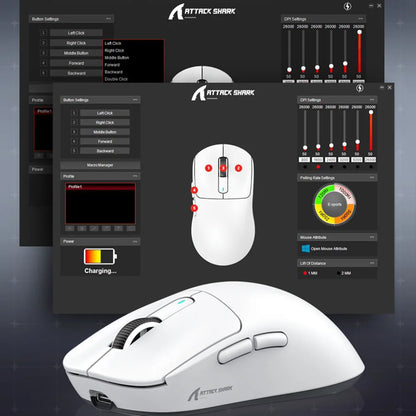 Bezdrátová herní myš X3 ATTACK SHARK v červené barvě, 4K návratnost, Bluetooth tri-mode připojení, PAW3395, makro Bluetooth herní myš