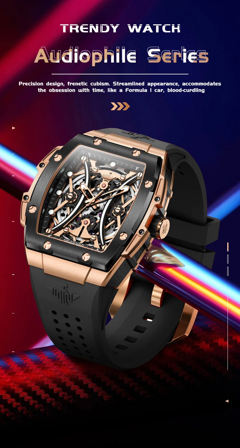 Reloj OUPINKE para hombre, clásico de lujo, esfera tonneau, marca premium original, movimiento mecánico automático, correa de silicona, cristal de zafiro, nuevo