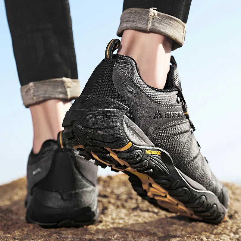 HIKEUP Pantofi de drumeție pentru bărbați, pentru patru sezoane, sport outdoor, piele naturală, rezistenți la uzură, pantofi de escaladă cu talpă din cauciuc, sneakeri de trekking