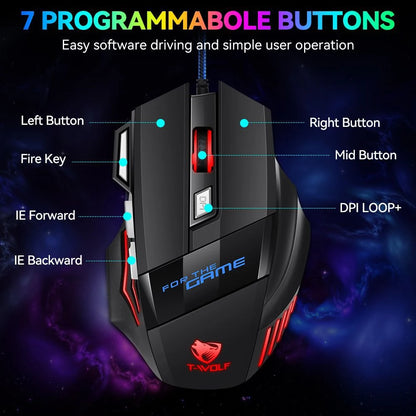 Mouse da gaming cablato KEBIDUMEI, 7 pulsanti, retroilluminazione RGB, mouse USB ergonomico, 2400 DPI, 3 livelli DPI, per PC, laptop, Windows e Mac OS