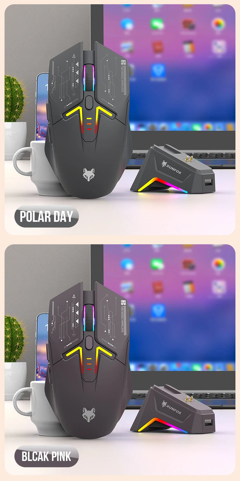 Mouse wireless Bluetooth dual-mode XUNSVFOX H2 con effetti di illuminazione RGB, per laptop, gaming e ufficio, ricarica magnetica