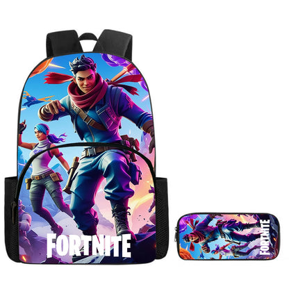 Fortnite Cartoon Backpack w/ Front Pocket & Pencil Case 2PCS - School Set for Boys Girls Age 5-8, Back to School Gift