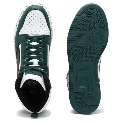 Baskets basses Puma Rebound V6, modèle rétro, couleur blanc et vert, 400849-01.