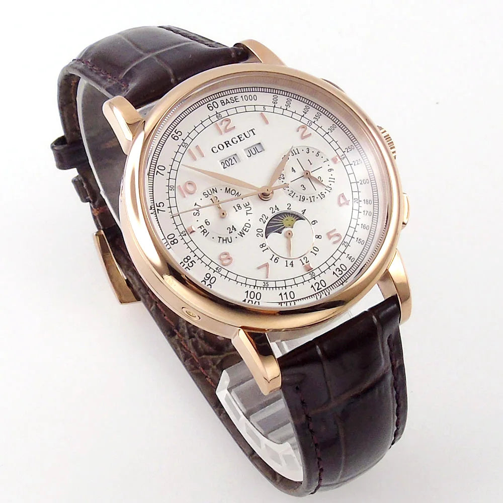 Corgeut Multi Functional Watch Automatic Mechanical Watch for Men 42mm Day Date Month Year Day/Night ST1655 Movt Polished Case