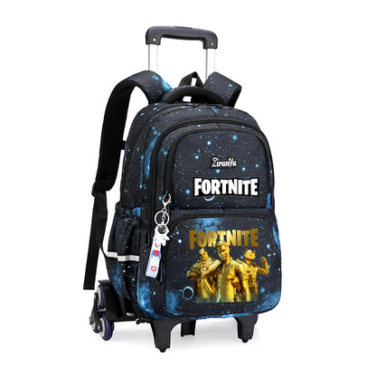 Mochila com Rodas Fortnite Anime, Impermeável, de Grande Capacidade, para Estudante — Saco Escolar Casual de Viagem com Carrinho e Subida Fácil de Escadas