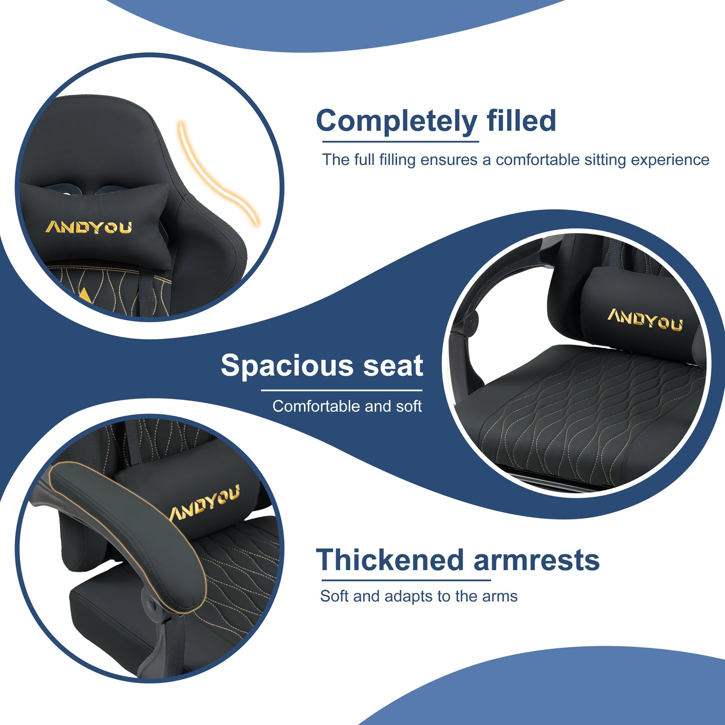 Andyou Ergonomic Gaming Chair - Swivel Reclining Gaming Chair, PU Leather Upholstery, Weight Capacity 150kg
