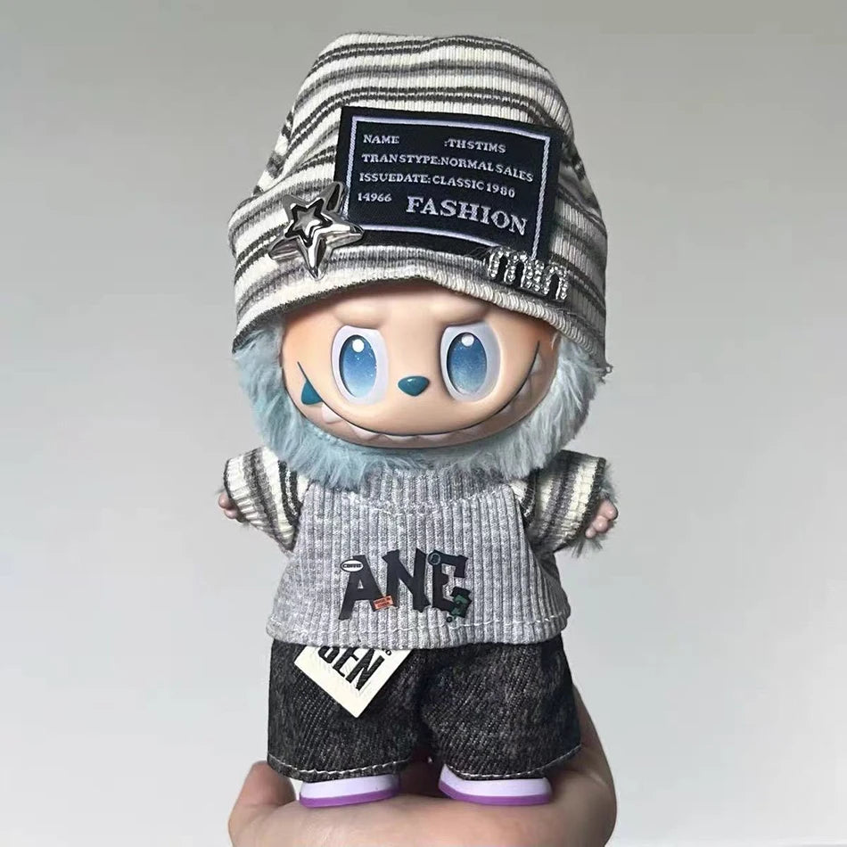 For Labubu 15-17cm Cloth Korean Grey Star Hat Suit Pull Bubu Baby Clothes 123rd Generation High-energy Hope Vinyl Doll Clothes