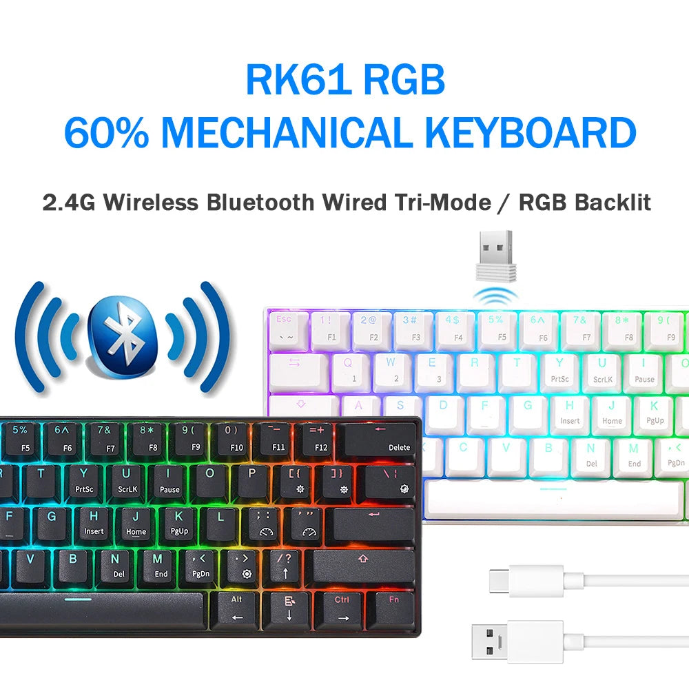 Teclado Mecânico Gaming RK Royal Kludge RK61 2.4G Sem Fios Bluetooth Tri-Mode 61 Teclas RGB Retroiluminado Mini Hot-swappable