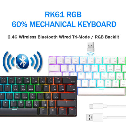 Teclado Mecânico Gaming RK Royal Kludge RK61 2.4G Sem Fios Bluetooth Tri-Mode 61 Teclas RGB Retroiluminado Mini Hot-swappable