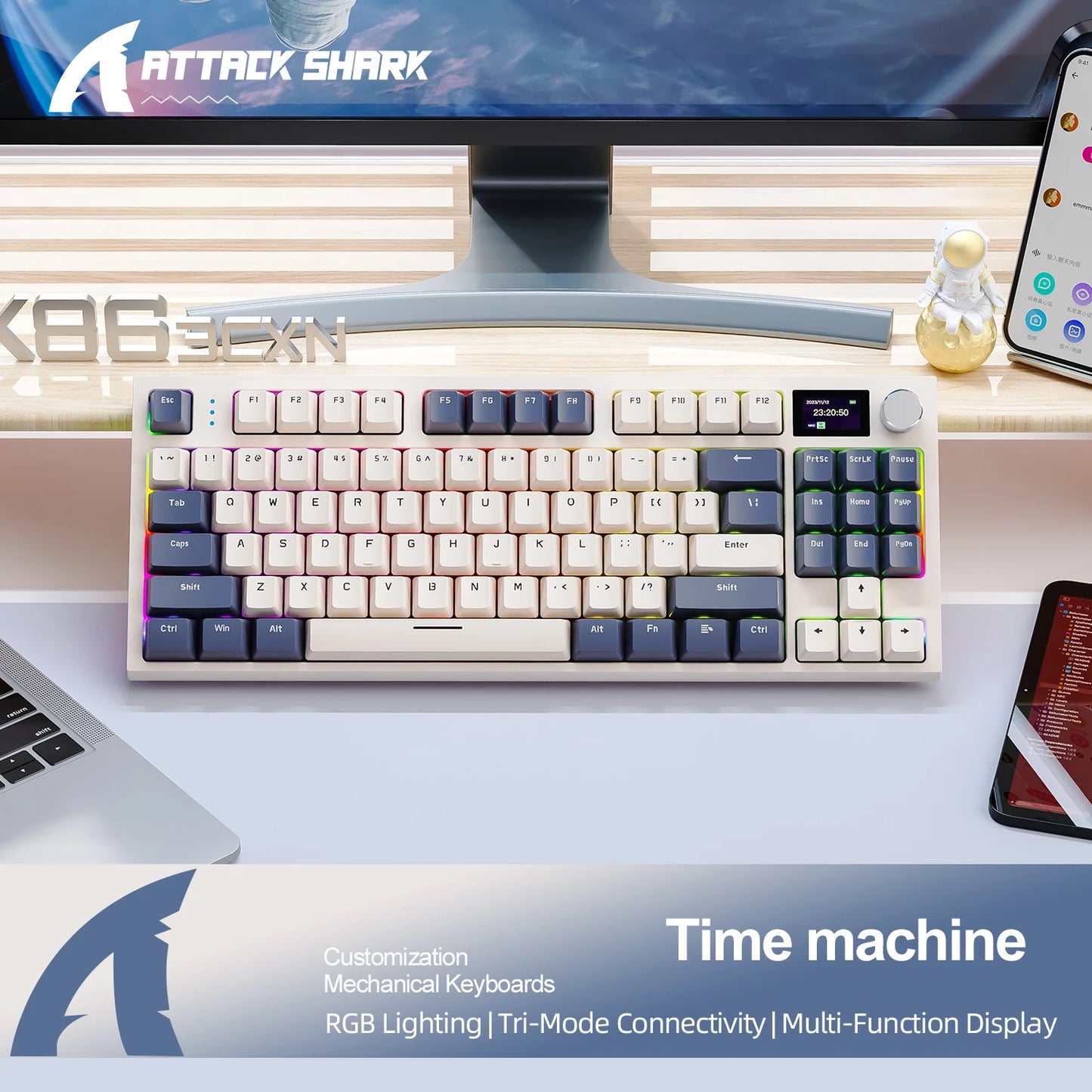 Attack Shark K86 Wireless Mechanical Keyboard, TFT Display, Metal Knob, RGB Backlit, Hot-Swappable, Bluetooth for Gaming & Office