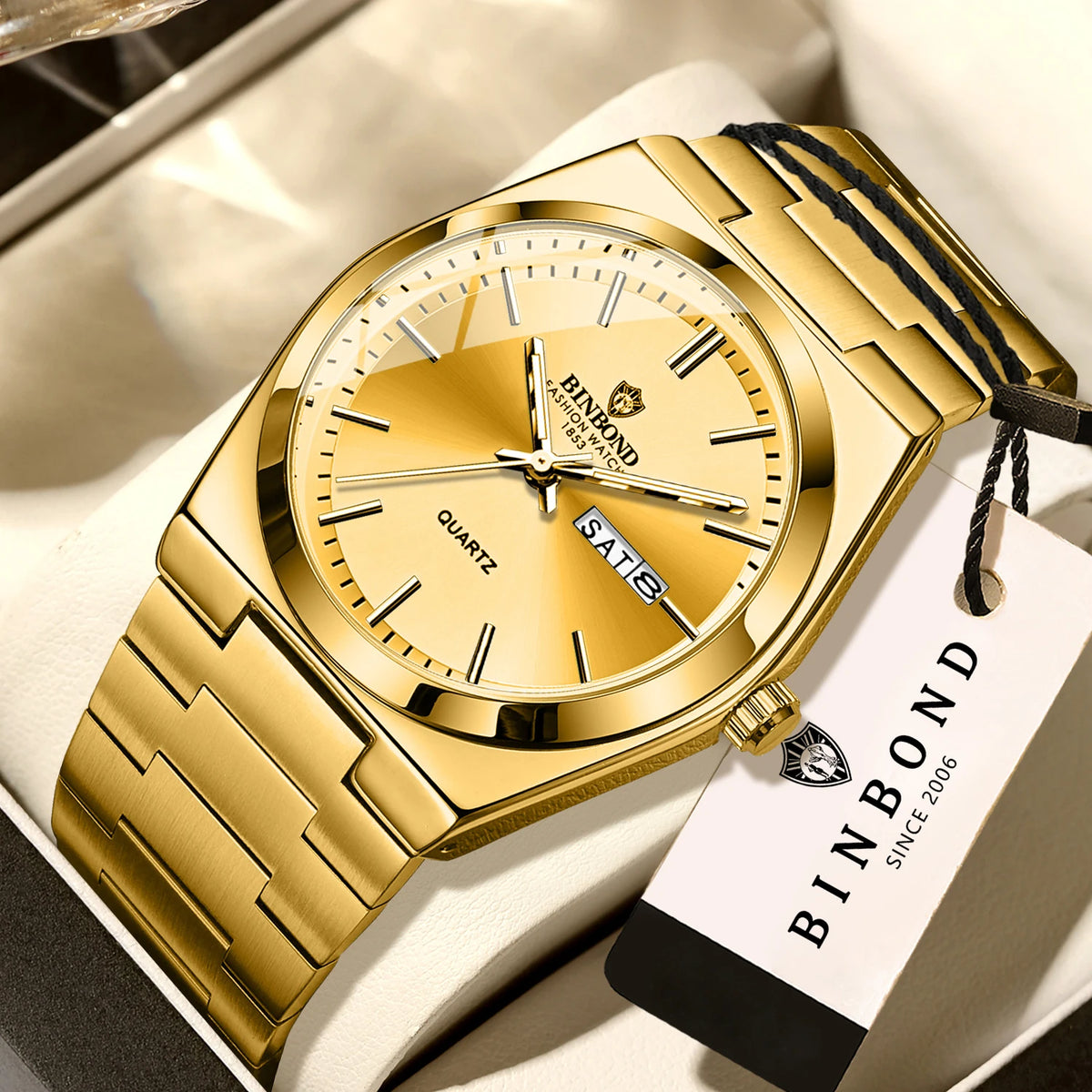 Montre-bracelet à quartz de luxe BINBOND, lumineuse, étanche, jour de la semaine, date automatique, bracelet en acier, style business, sport, mode et décontracté.