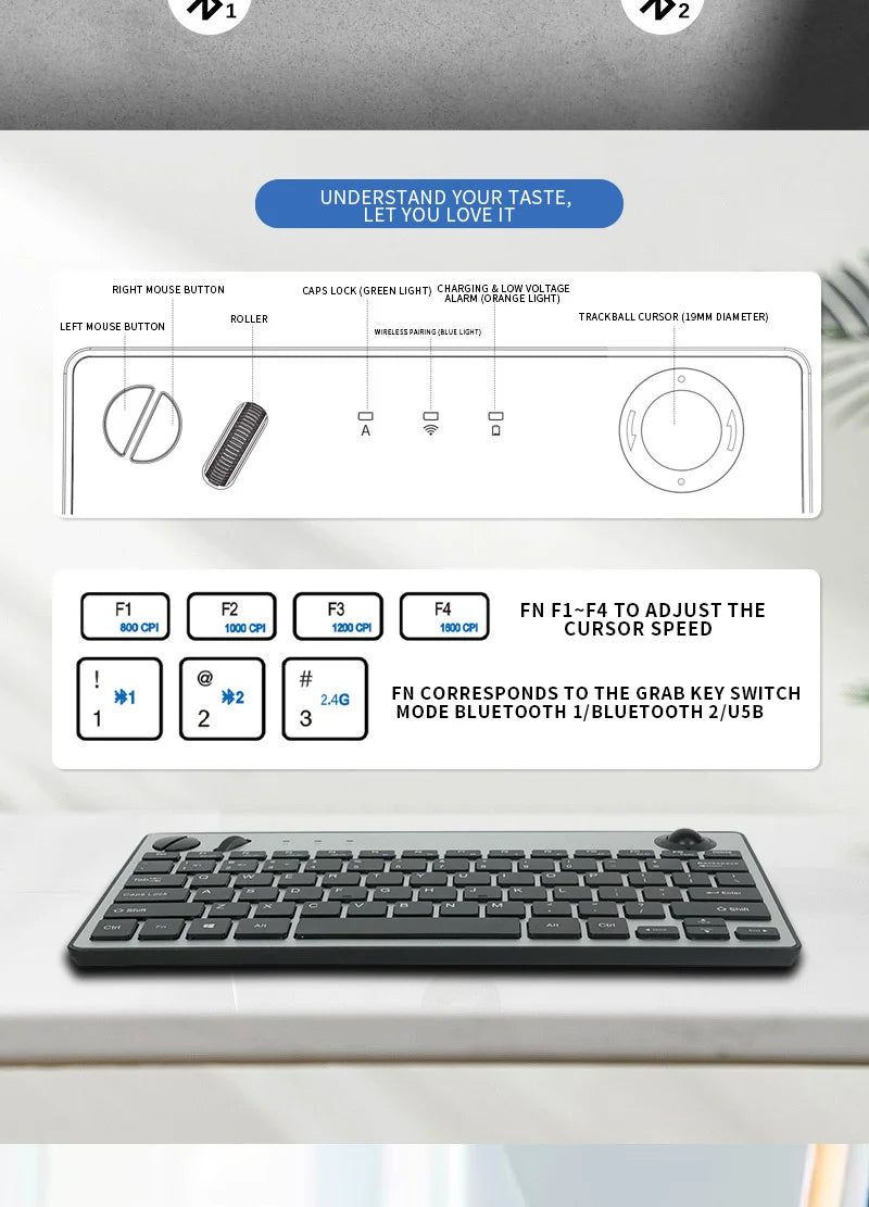 Jomaa Wireless Mini Trackball Keyboard, 78-Key, Bluetooth Keyboard with Trackball Air Mouse 1600dpi, for TV iPad Phone Laptop