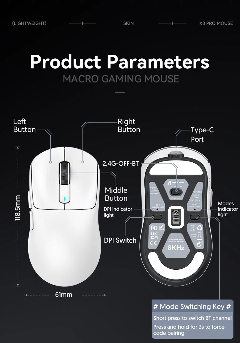 ATTACK SHARK X3/X3PRO 4K/8K Wireless Gaming Mouse, 26K DPI, Tri-Mode (Wired/2.4GHz/BT5.2), Lightweight, PAW3395 Sensor For Gamer