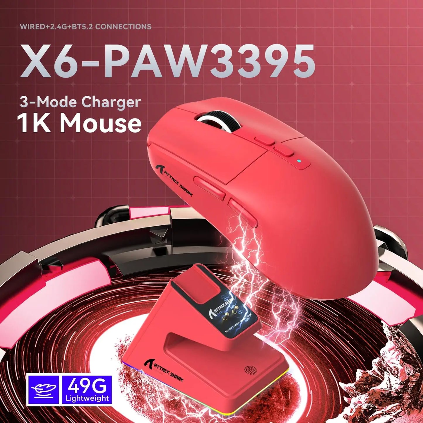ATTACK SHARK X6 Tri-Mode Gaming Mouse with Magnetic Charging Dock, 26K DPI PixArt PAW3395 Sensor, 49g Ultralight Wireless Gaming Mouse for PC, Mac & Xbox