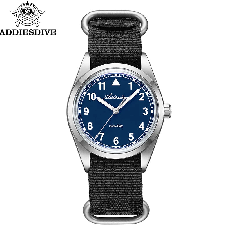 Relógio analógico masculino ADDIESDIVE 36mm com vidro espelhado bolha, 100m à prova de água, luminoso, simples, em quartzo, com bracelete em nylon