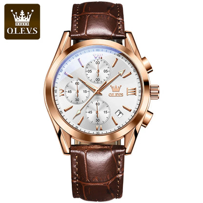 OLEVS 2872 kronografarmbandsur för män – Läderarmband, vattentätt, självlysande visare, kvartsverk, lyxig sportstil