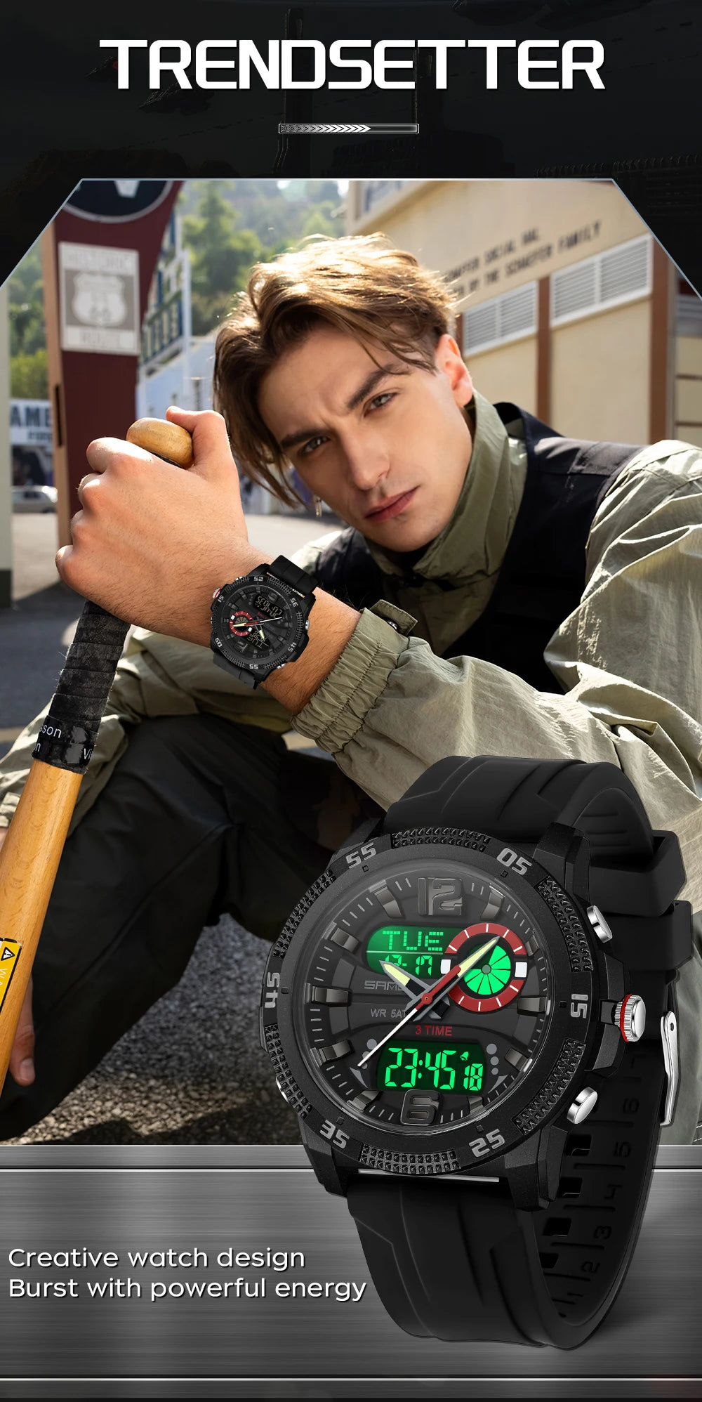 SANDA Fashion Luxury Men's Watches Dual Digital Display Sport Analog Quartz Man Wristwatch Casual Waterproof Silica Chronograph