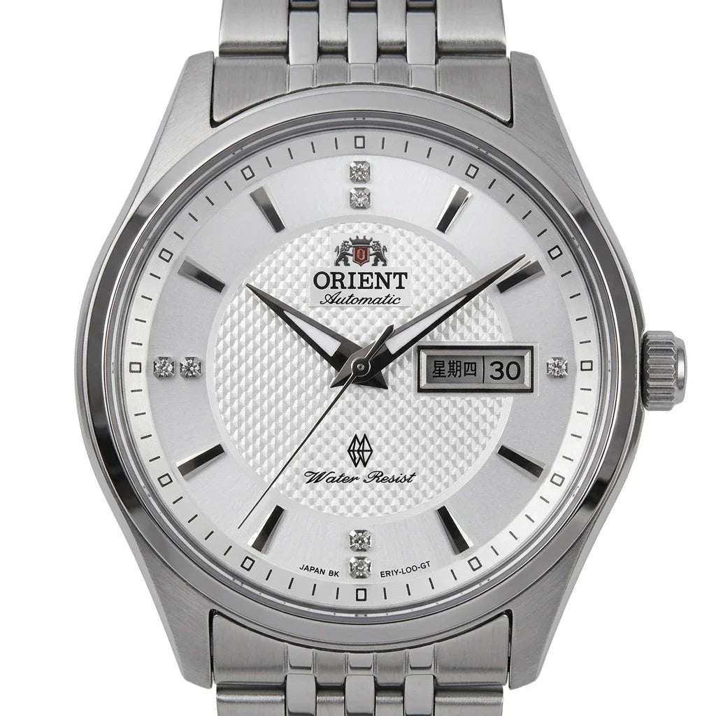 Mechanische Automatikuhr für Herren von Orient mit Doppelkalender (Datum und Wochentag), Kristallindexen und Edelstahlarmband – Armbanduhr im Business-Stil