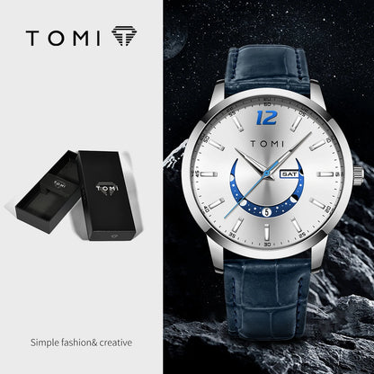 Montre à quartz TOMI, style business et élégant, avec bracelet en cuir, boîtier en alliage et cadran à aiguilles – Design haut de gamme, idée cadeau pour homme