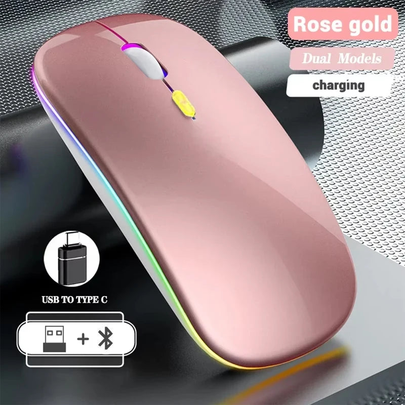 Rato sem fios recarregável de modo duplo, compatível com Bluetooth, 2.4G USB, para computador portátil, iPad, tablet e notebook, rato gaming