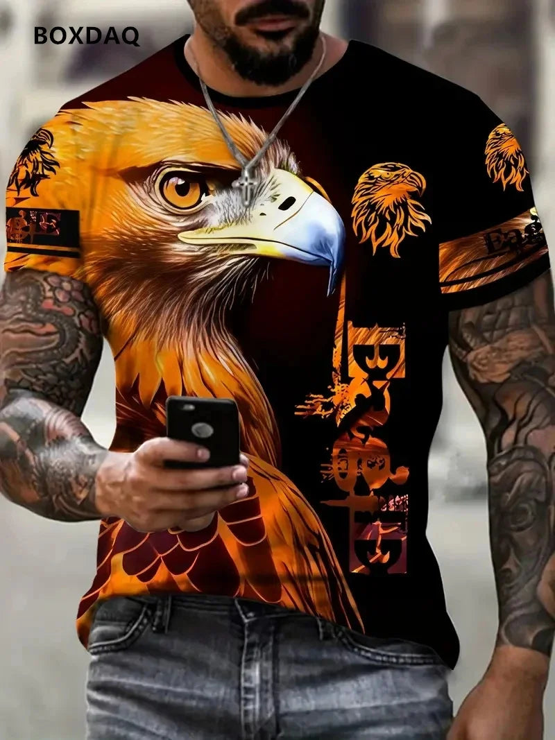 T-shirts Fashion Eagle para homem, corte largo, gola redonda, tops casuais de manga curta, estampado 3D de animal, T-shirt streetwear, tamanho grande 6XL, tee respirável