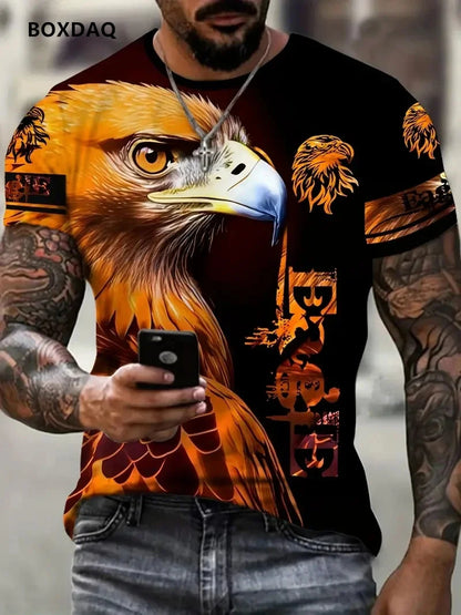 T-shirts Fashion Eagle para homem, corte largo, gola redonda, tops casuais de manga curta, estampado 3D de animal, T-shirt streetwear, tamanho grande 6XL, tee respirável