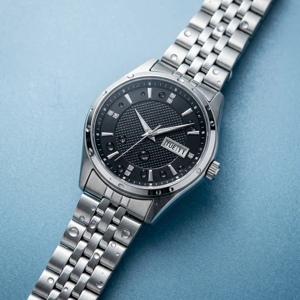 Mechanische Automatikuhr für Herren von Orient mit Doppelkalender (Datum und Wochentag), Kristallindexen und Edelstahlarmband – Armbanduhr im Business-Stil