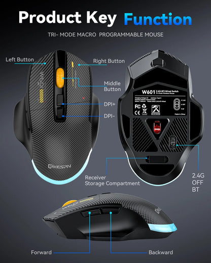 Mouse da gaming wireless Bluetooth, 12800 DPI, mouse RGB cablato/wireless con 7 pulsanti programmabili, per PC, laptop e gaming