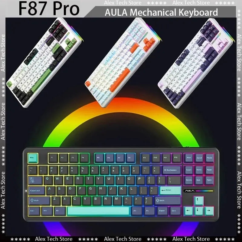 Teclado Mecânico AULA F87 Pro 2.4g/USB/Bluetooth sem fios trimodo, 87 teclas, RGB, PBT, estrutura gasket, 5 camadas de isolamento acústico, teclas completas sem impacto