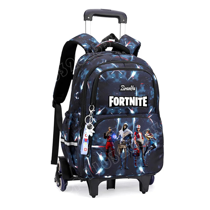 Mochila com Rodas Fortnite Anime, Impermeável, de Grande Capacidade, para Estudante — Saco Escolar Casual de Viagem com Carrinho e Subida Fácil de Escadas