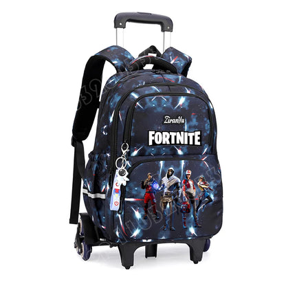 Mochila com Rodas Fortnite Anime, Impermeável, de Grande Capacidade, para Estudante — Saco Escolar Casual de Viagem com Carrinho e Subida Fácil de Escadas