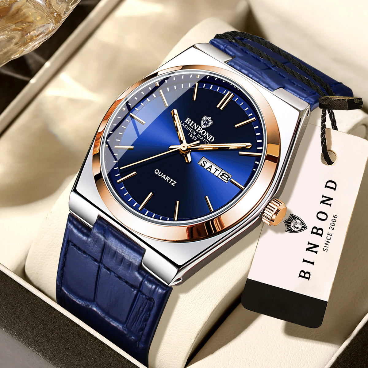 Montre-bracelet à quartz BINBOND de luxe avec bracelet en cuir, précise, lumineuse, étanche, affichage automatique de la date et du jour de la semaine, durable, pour homme.