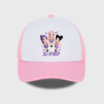 K-POP Cute Cartoon Girl Group Print Sponge Mesh Cap | Unisex Adjustable Mesh Baseball Cap | Y2K K-Pop Fan Street Style Sun Hat