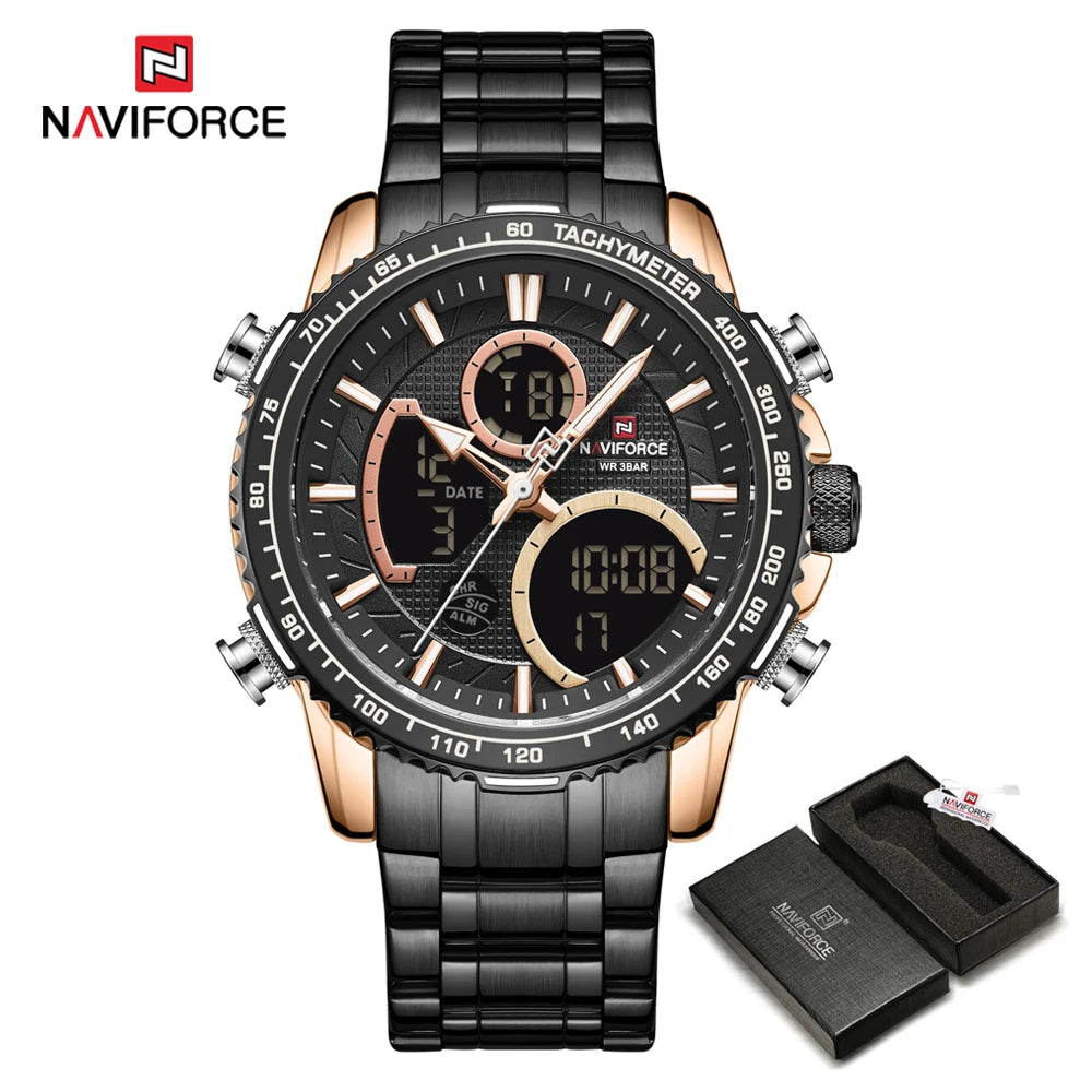 Pánské sportovní hodinky NAVIFORCE – originální luxusní náramkové hodinky z nerezové oceli, vodotěsný vojenský model s dvojitým displejem