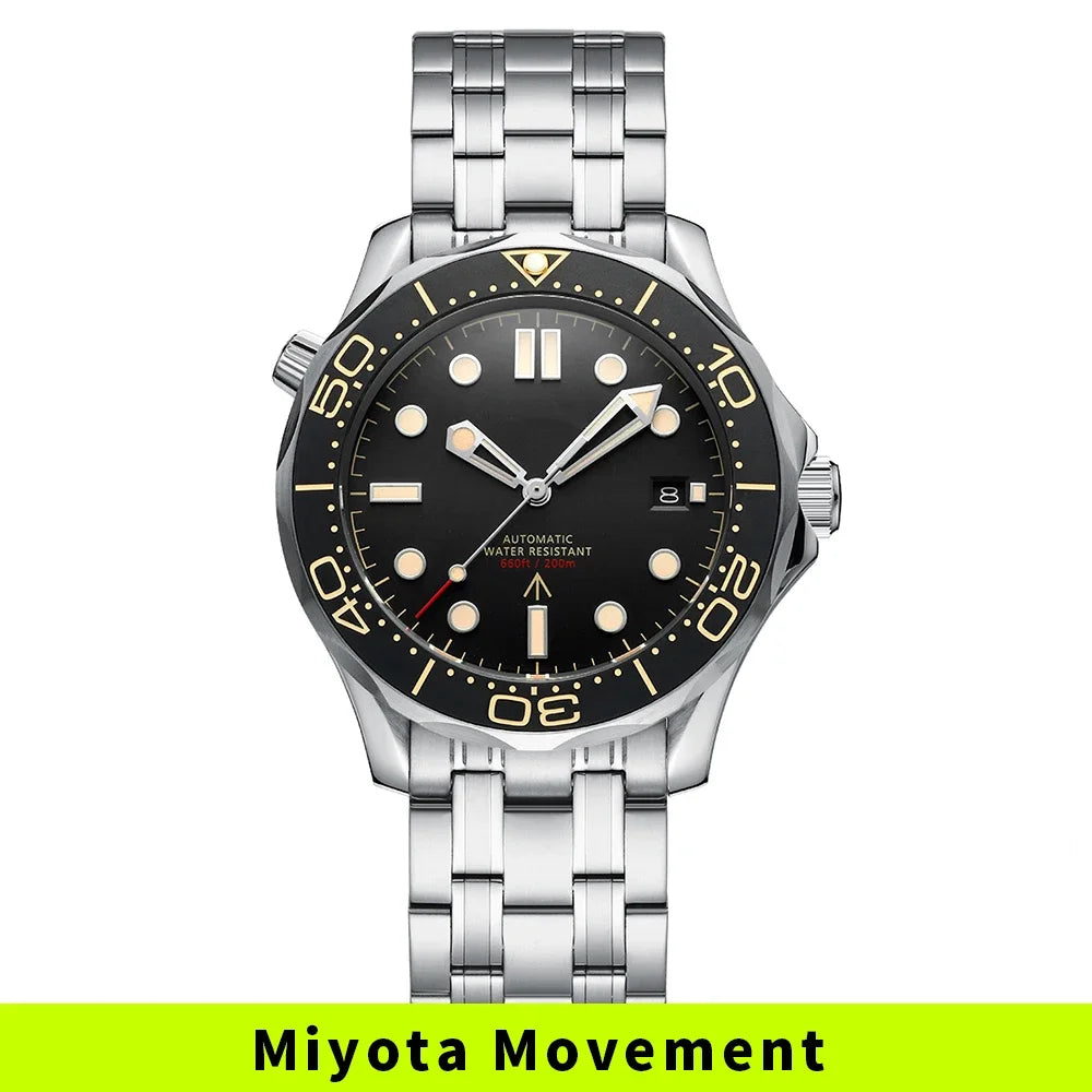 PHYLIDA Black Dial PT5000 MIYOTA Automatic Watch DIVER 200M 007 NTTD Style Sapphire Crystal Solid Bracelet Waterproof 20Bar