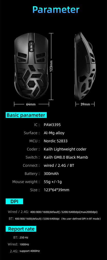 Mouse da gaming wireless DAREU Al-mg Tri-mode 8Khz PBT con ricarica rapida, PAW3950, 30000 DPI, leggero, per PC gamer