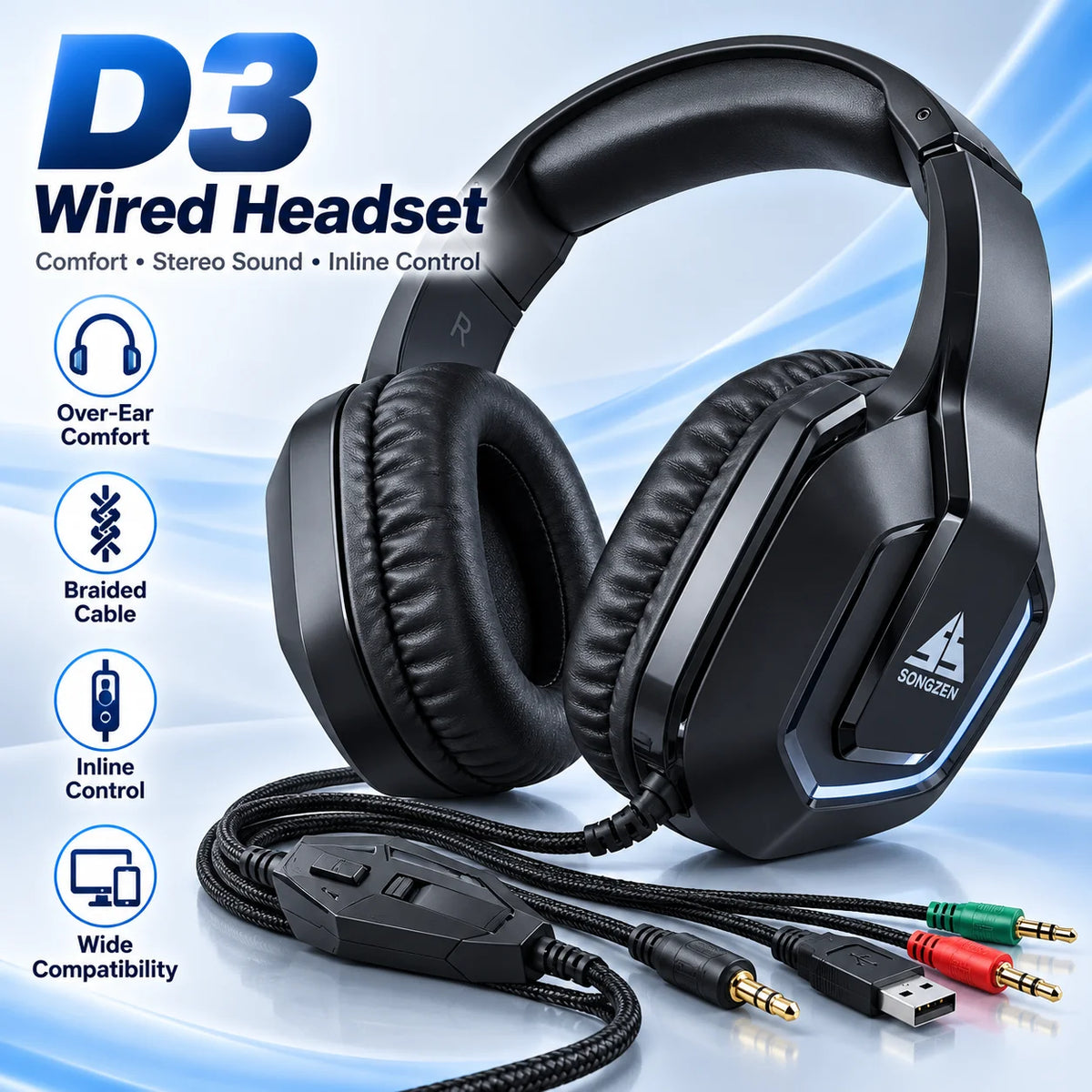 Casque de jeu D3, casque stéréo filaire à porter sur l’oreille, confortable, sans microphone, pour PC, ordinateur portable, écoute de musique et jeux.