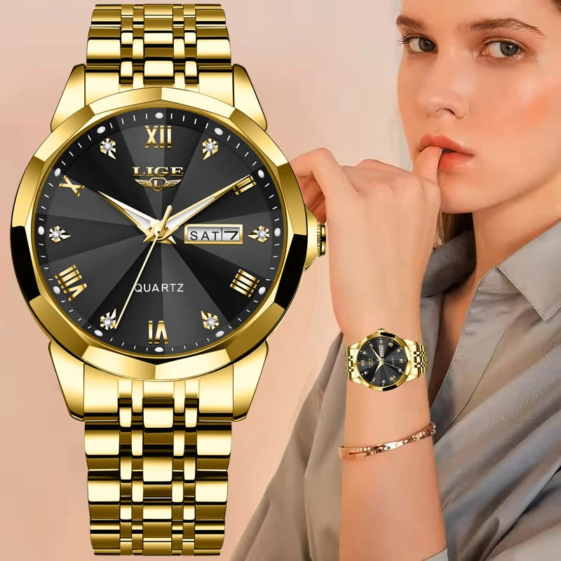 Reloj de pulsera de cuarzo para mujer LIGE: elegante y lujoso, con indicador de fecha y día de la semana. Reloj sencillo y resistente al agua, ideal como regalo para mujer.