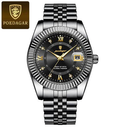 POEDAGAR herenhorloge – Luxe model, waterdicht, van roestvrij staal, met lichtgevende wijzerplaat, militaire stijl, datumfunctie, quartz uurwerk, ideaal voor op het werk of bij zakelijke gelegenheden.