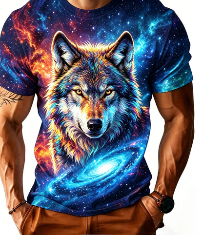 Férfi Galaxy Wolf póló, varratmentes, teljes felületen nyomtatott 3D kozmikus űr és vadvilág grafikával, kerek nyakú, szabadidős, rövid ujjú póló