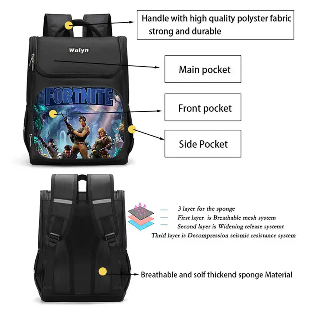 School Backpack With Multi Compartment, Large Cartoon Fortnite School Bags For Boys & Girls, Durable Child Backpack For Ages 5-10