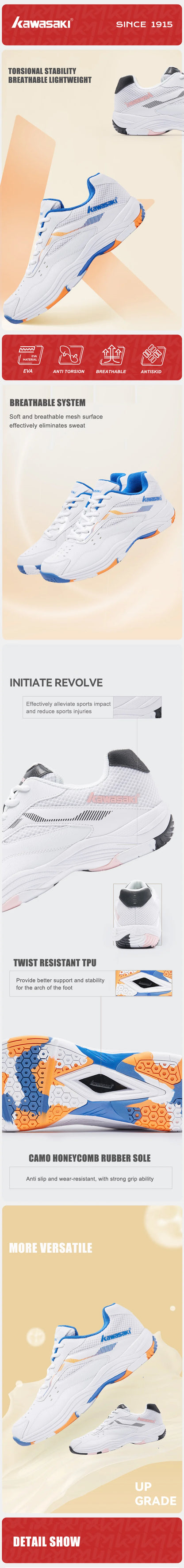 Sapatilhas de badminton masculinas Kawasaki. Sapatilhas desportivas profissionais para mulher. Sapatilhas respiráveis para recintos fechados. K-086